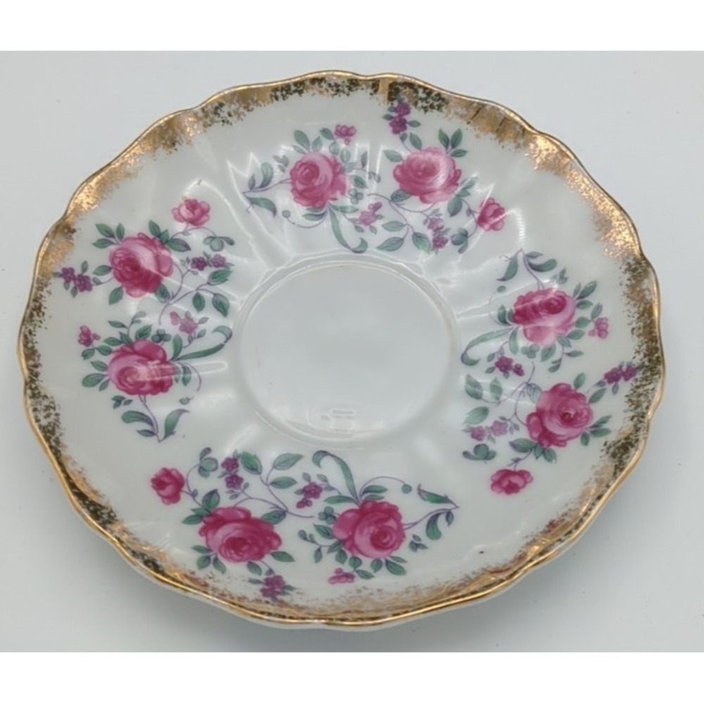 Vintage Fred Roberts Bone China Single 6" Saucer Pink Rose Sponged Gold Trim - Picture 13 of 13